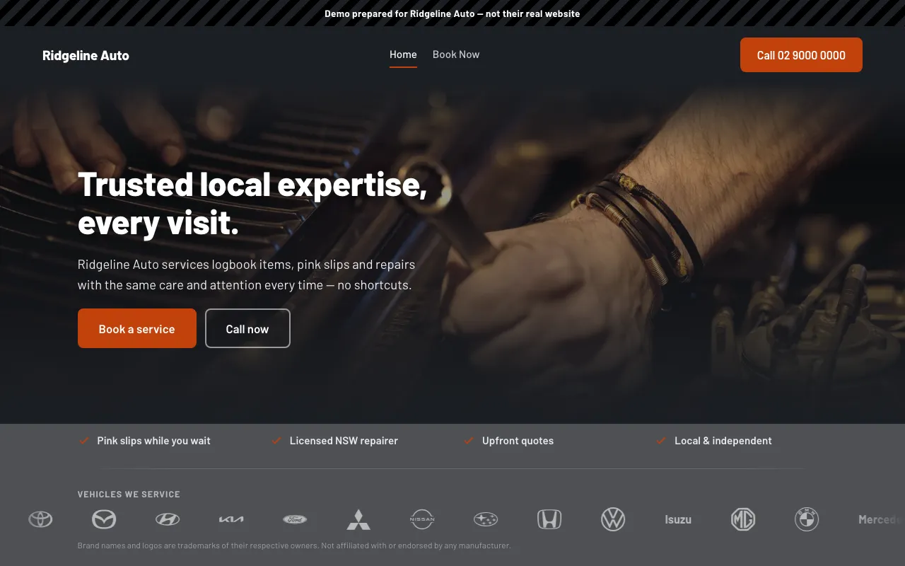The Ridgeline Auto demo booking site built with Revmark, shown in a browser window